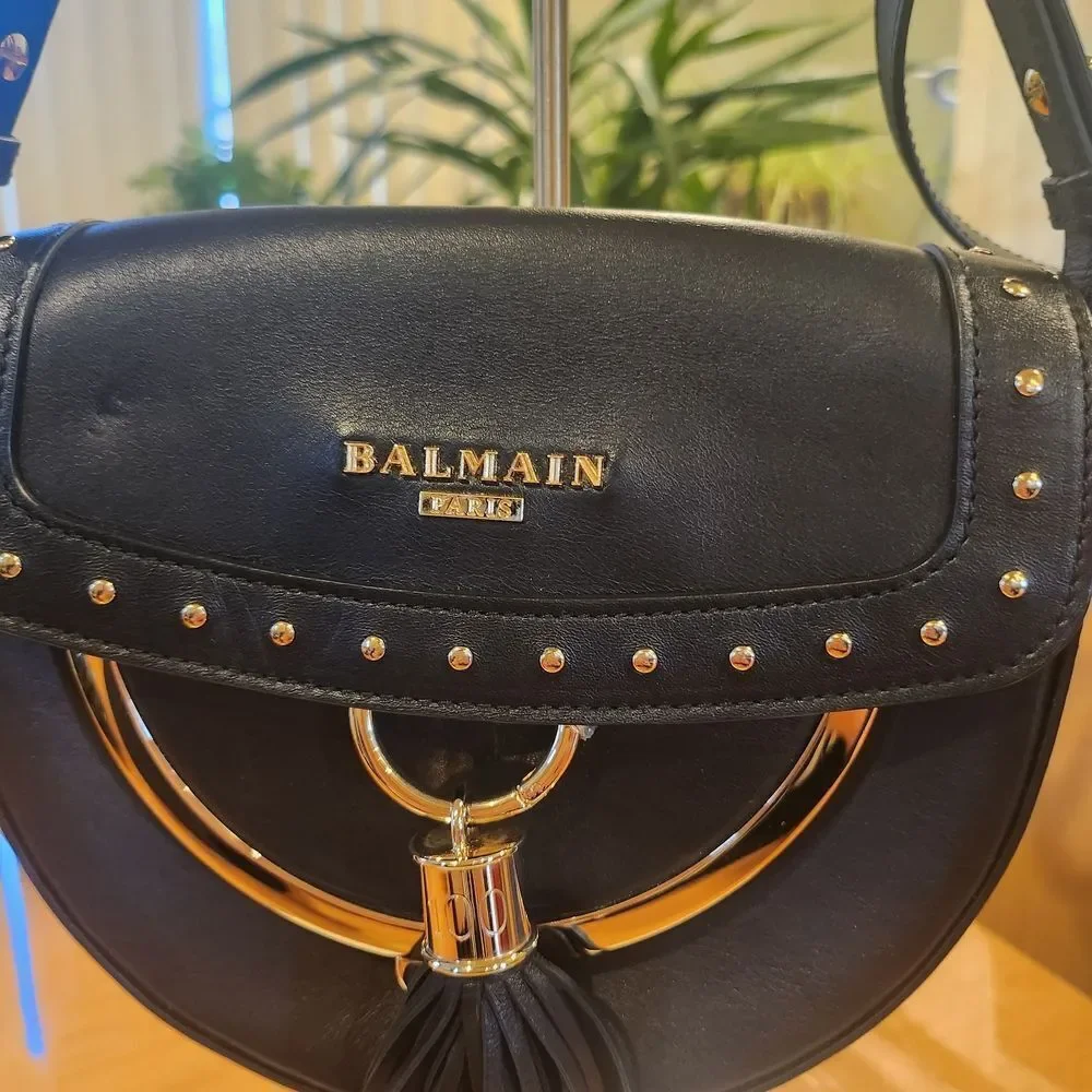 Balmain Black Leathet Crossbody Bag with Gold Accents And Bold Tassel